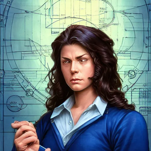 Image similar to epic portrait a slightly muscular woman wearing short sleeved uniform in blue and carrying a construction plan blueprint, detailed, centered, digital painting, artstation, concept art, donato giancola, Joseph Christian Leyendecker, WLOP, Boris Vallejo, Breathtaking, 8k resolution, extremely detailed, beautiful, establishing shot, artistic, hyperrealistic, beautiful face, octane render