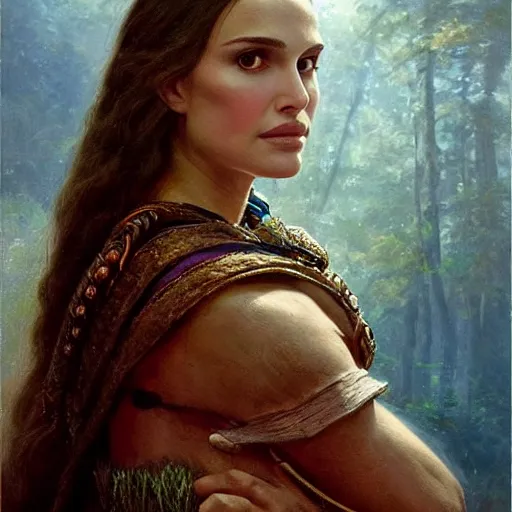 Image similar to portrait of natalie portman as a Druid, painting by ludwig deutsch and rudolf ernst, lost civilizations, long dark hair, beautiful, mystical, dramatic cinematic lighting, sharp focus, smooth, sharp focus, extremely detailed,