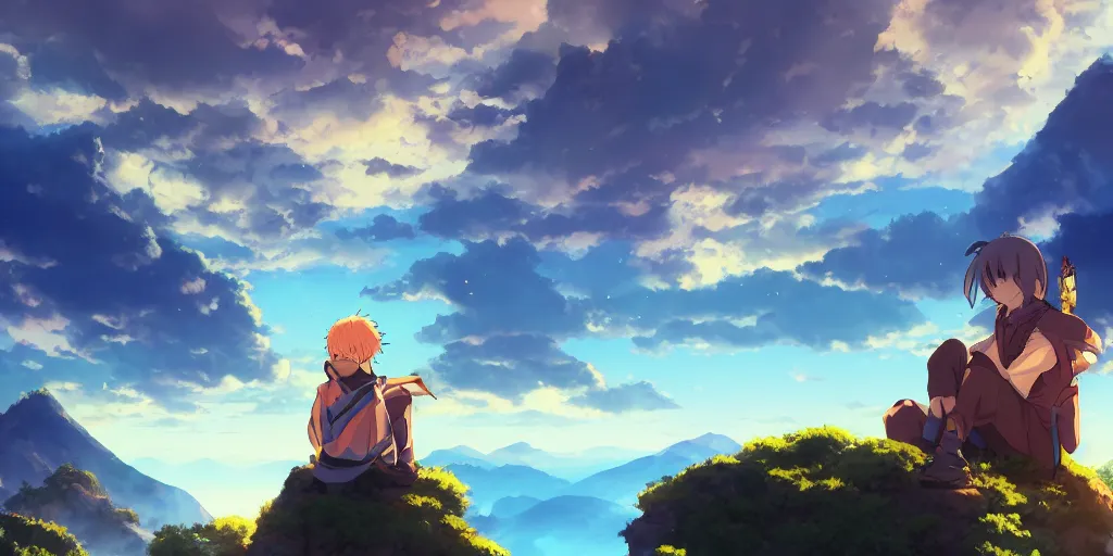 Image similar to isekai masterpiece anime boy sitting on a rock off to the side looking down upon fantasy floating sky town, during dawn, cinematic, very warm colors, intense shadows, anime illustration, rapid mountains, anime screenshot composite background