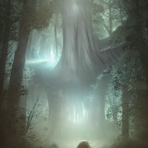 Image similar to ethereal mystery portal, seen by wanderer boy in middle of woods, greg rutkowski art, trending on artstation, artgerm, cgsociety, unreal engine, very smooth, high detail, 4 k, concept art, brush strokes, volumetric lighting, lighting refraction, pixiv art, sharp focus, raging dynamic sky, heavens