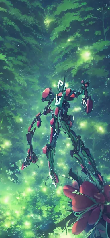 Prompt: giant humanoid plant mech, coming through treetops, forest, key art, sharp lines, towering above a small person, aesthetic, anime, trigger, shigeto koyama, hiroyuki imaishi