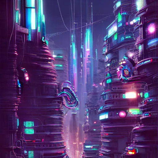 Image similar to robo cats inside an scifi tentacles wires futuristic city, beautiful signs, wide angle, retro futuristic comics, cinematic, highly detailed, photorealistic, rich bright colors, trending on artstation, giger, tsutomu nihei, trending on cgsociety, awe inspiring bruce pennington cityscape, digital art painting of 1 9 6 0 s