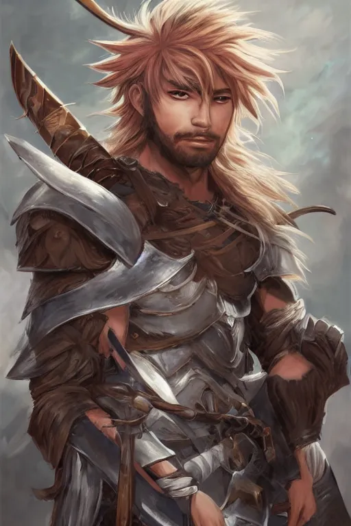 Image similar to A realistic anime portrait of a young handsome male barbarian with long wild hair, intricate fantasy spear, plated armor, D&D, dungeons and dragons, tabletop role playing game, rpg, jrpg, digital painting, by Stanley Artgerm Lau, Sakimichan, WLOP and Rossdraws, digtial painting, trending on ArtStation, SFW version