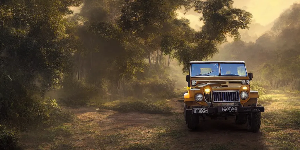 Prompt: kerala village countryside, beautiful dynamic lighting, mahindra thar on the road, cinematic, wide angle establishing shot, extremely high detail, photo realistic, cinematic lighting, post processed, concept art, artstation, matte painting, style by eddie mendoza, raphael lacoste, alex ross, volumetric lighting, light rays, photorealistic, ultrarealistic, moody, coronarender, 8k