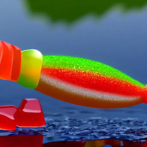 Image similar to using gummi - worm bait to fish for swedish - fish hyperrealistic, hd, 8 k