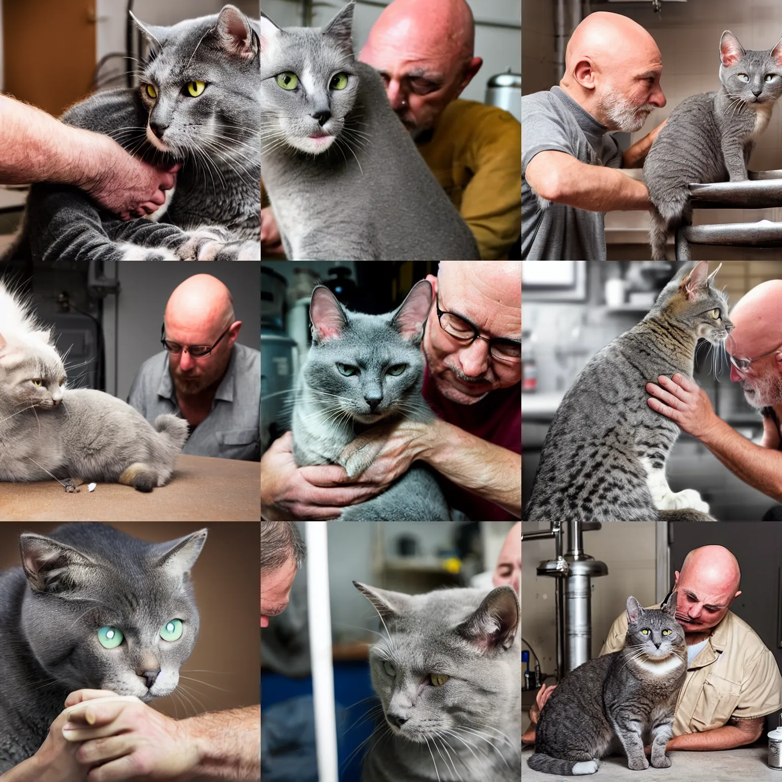 Prompt: gray cat with tan spots of fur being pet by a old bald man inside a meth lab, hyper realistic, photo