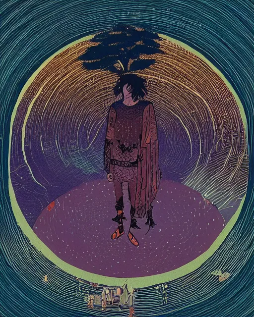 Image similar to a druid standing in a circle at the beginning of the world by Victo Ngai