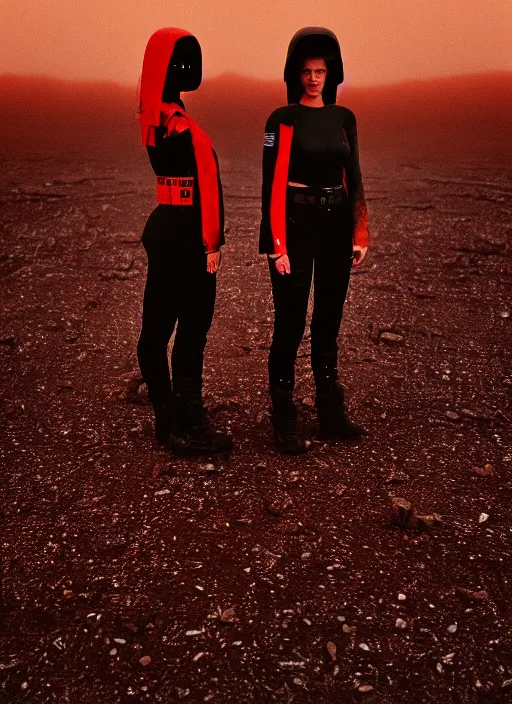 Image similar to cinestill 5 0 d photographic portrait of two loving female androids wearing rugged black techwear on a desolate plain with a red sky, extreme closeup, lizard on ground, cyberpunk style, in front of a brutalist dark metal facility, dust storm, 3 5 mm, 8 k, f / 3 2, high resolution, ultra realistic faces