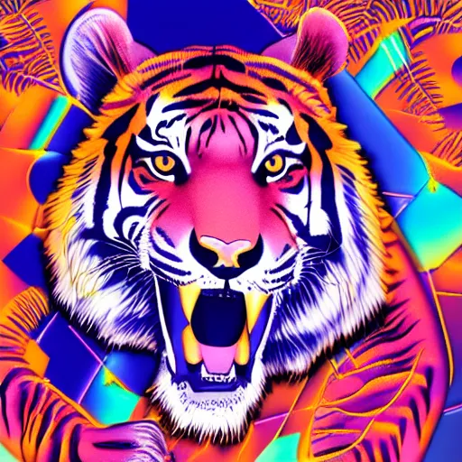 Image similar to A tiger in a lab coat with a 1980s Miami vibe, turning a well oiled science content machine, digital art