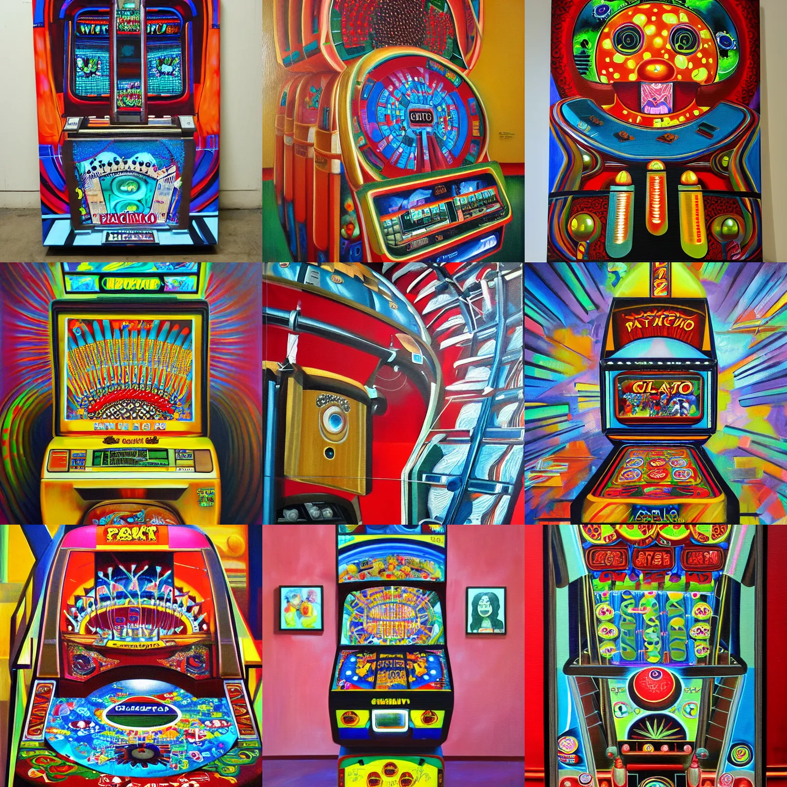 Prompt: giant pachinko machine, oil painting on canvas