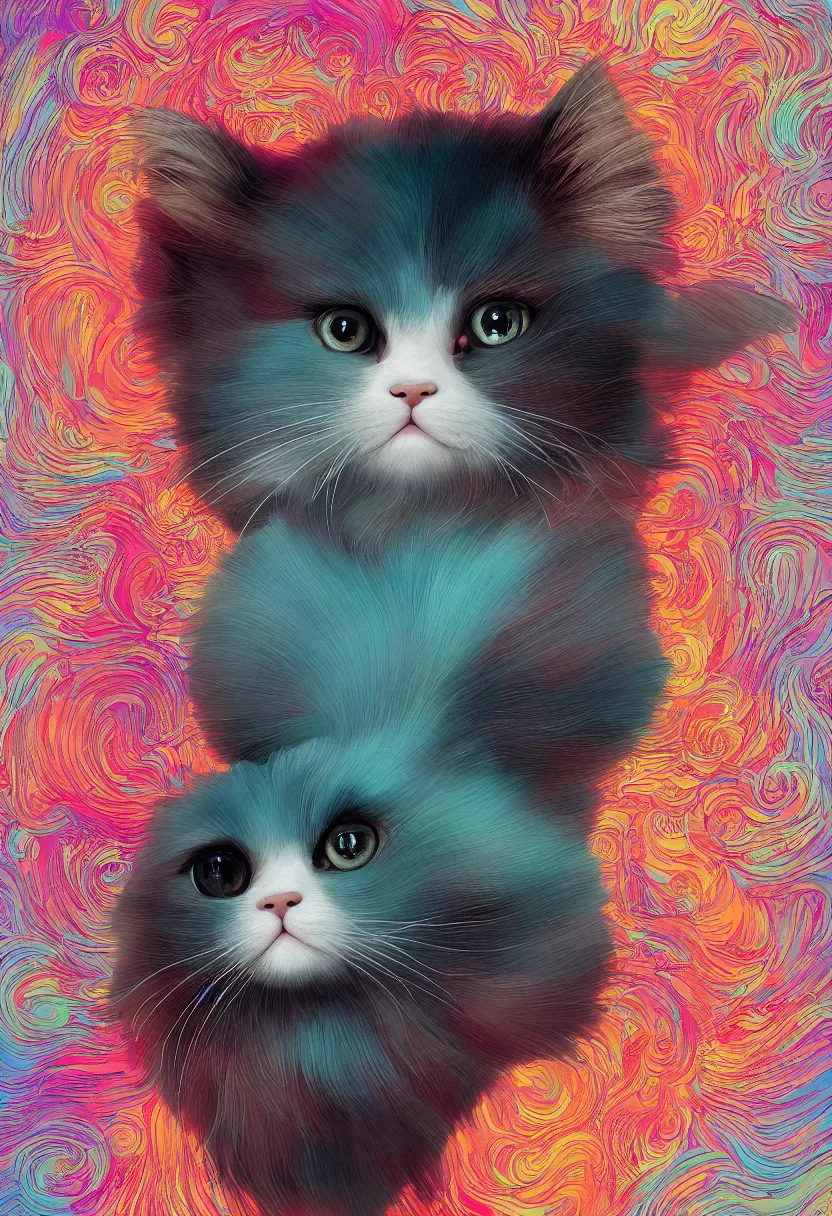 Prompt: Adorable portrait of a rag doll kitten , artstation winner by Victo Ngai, Kilian Eng and by Jake Parker, swirly vibrant color lines, winning-award masterpiece, fantastically gaudy, aesthetic octane render, 8K HD Resolution