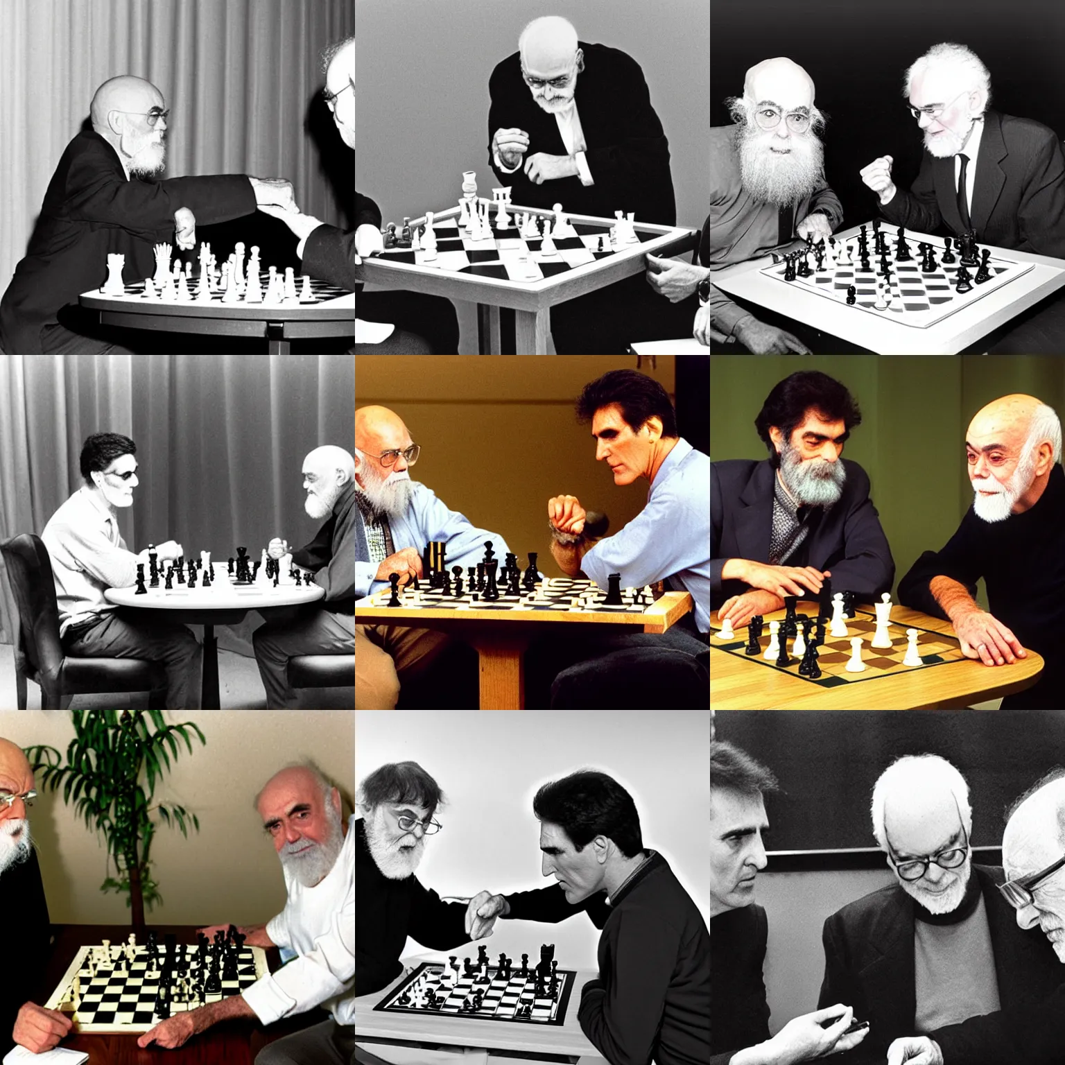 Prompt: James Randi and Uri Geller playing chess