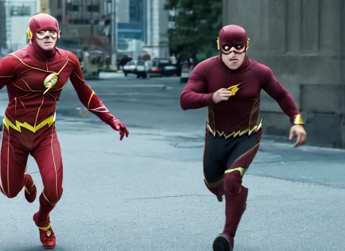 Prompt: film still of danny devito as the flash in the new flash movie, 4 k