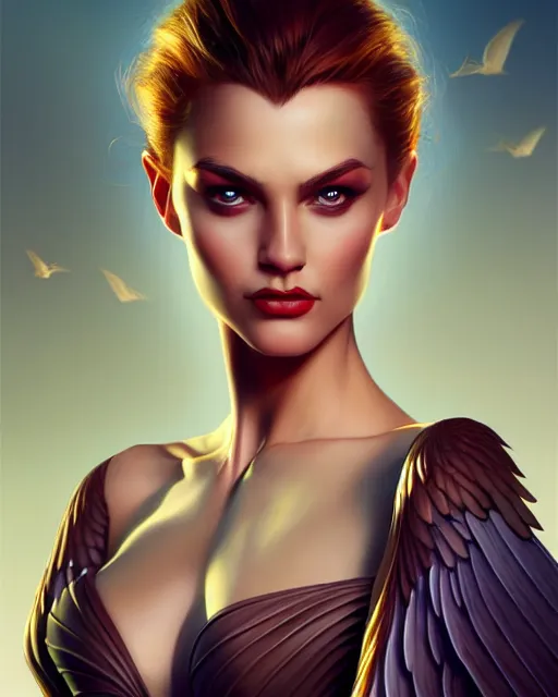 Prompt: portrait of a powerful pretty woman with wings, digital painting, artstation, concept art, smooth, sharp focus, illustration, disney, symmetry face, fine details. art by alex ross, brittney lee