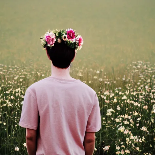 Prompt: kodak portra 4 0 0 photograph of a skinny blonde goth guy standing far back in a field of flowers, back view, flower crown, moody lighting, telephoto, 9 0 s vibe, blurry background, vaporwave colors, faded!,