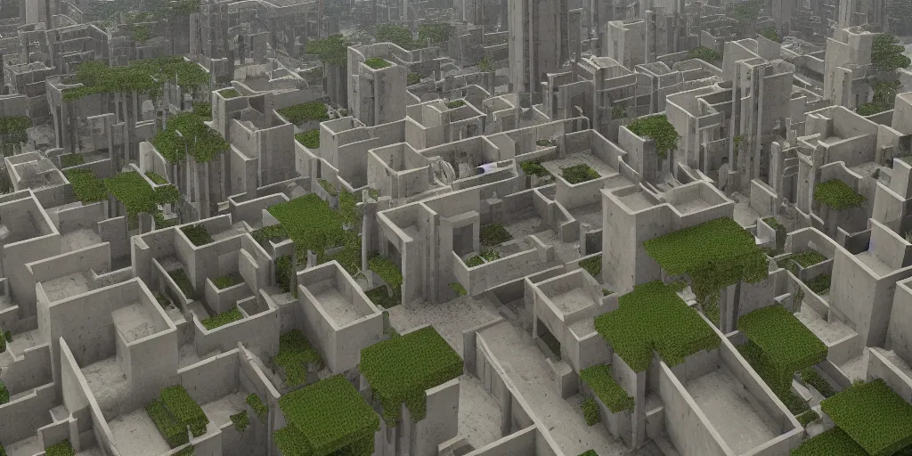 Image similar to brutalist concrete pyramids in minecraft style by Le Corbusier, abandoned temples, empty city streetscapes, surrounded by lush green vegetation, ground-level view, puddles of water, stunning volumetric lighting, sunset, trending on Artstation, 8k, photorealistic, hyper detailed, unreal engine 5, cinematic, epic lighting, cryengine, octane render, cyberpunk,, dark, gloomy