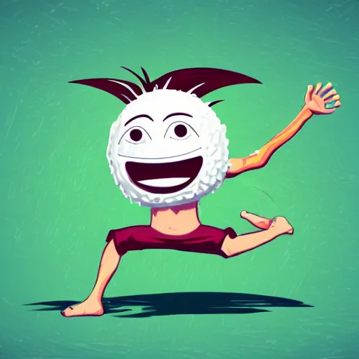 Image similar to The friendly coconut character with a face arms and legs jumps for joy! Action photo. Highly stylized. Anime.