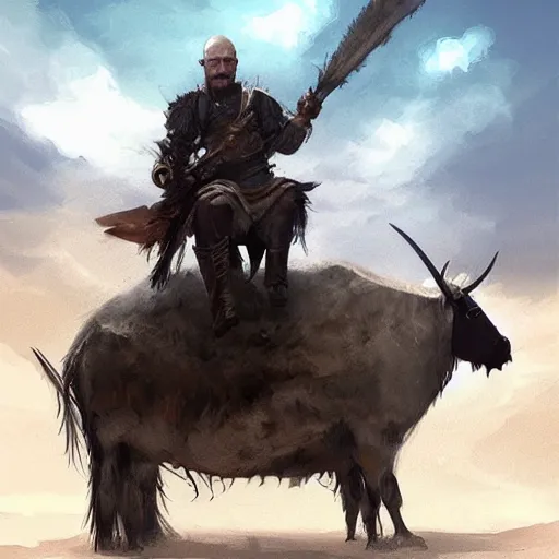 Image similar to Walter white as a dark fantasy warrior riding an armored yak, made by Greg Rutkowski