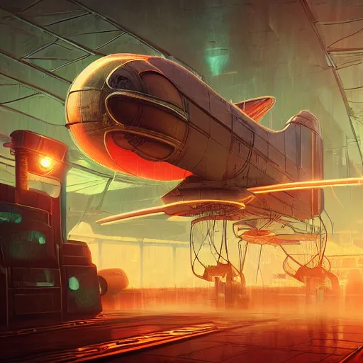 Image similar to concept art, retro - futurist steampunk pilot, airship hangar, imperious, octane render, artstation, dramatic neon lighting, glowing imperial motifs, eerie, mysterious, red turquoise accents, bladerunner, by gerald brom, james jean, syd mead, akihiko yoshida, cinematic w 1 0 2 4