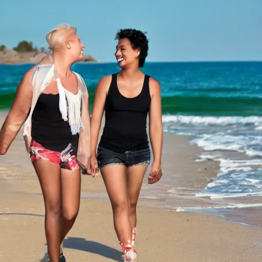 Image similar to two transgender lesbians smiling and having a good time together walking next to the beach