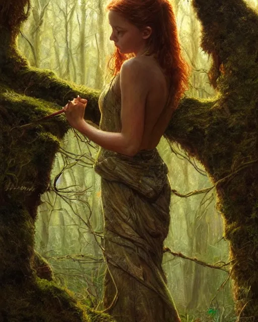 Image similar to a well - lit, realistic oil painting of a girl resembling a young, shy, redheaded irish alicia vikander or millie bobby brown in moss - covered ancient stone ruins at sunset, highly detailed, intricate, concept art, artstation, by donato giancola, ron cobb, and artgerm