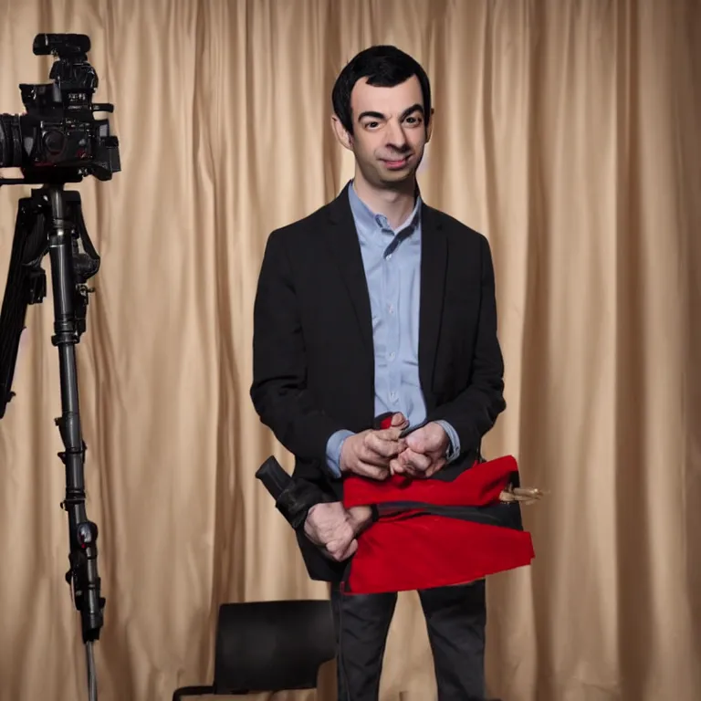 Prompt: dslr photograph of one nathan fielder from nathan for you on comedy central behind a puppet stage with a red curtain controlling a single marionette by the strings, high detail!!! 8 k photorealism sharp focus volumetric lighting, coherent!!! art directed