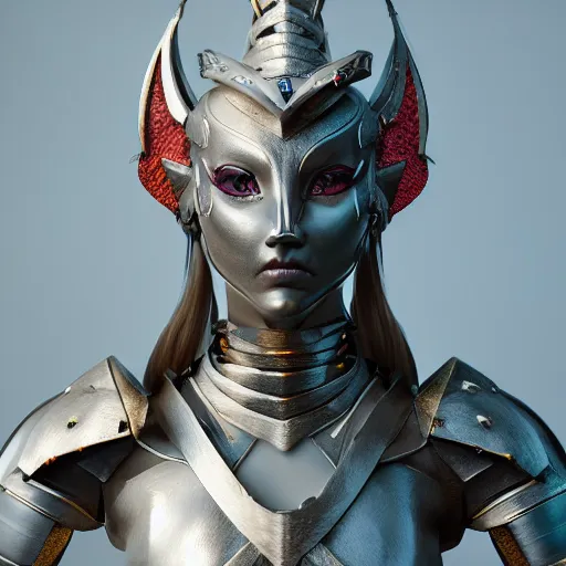 Image similar to stunning bust of a beautiful female knight, but as an anthropomorphic female dragon, well designed cute elegant female robot dragon head, well armored, sharp claws, HD octane render, fantasy, Artstation, Deviantart, Furaffinity