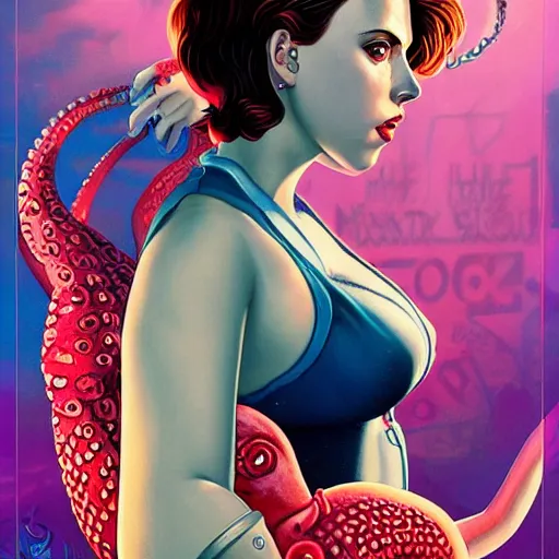 Image similar to lofi underwater bioshock portrait of scarlett johansson in swimsuit with giant octopus, Pixar style, by Tristan Eaton Stanley Artgerm and Tom Bagshaw.