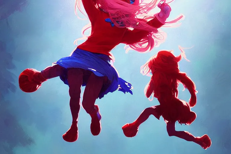 Prompt: madeline from celeste jumping to a big strawberry, ( ( ( blue bubble jacket ) ) ) ( ( ( red long hair ) ) ), highly detailed, digital painting, artstation, concept art, sharp focus, illustration, art by greg rutkowski and alphonse mucha