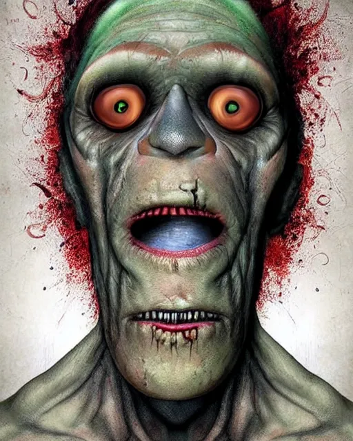 Image similar to halloween frankenstein's monster theme surrealist art in the styles of igor morski, jim warren, and a tim burton film, intricate, hyperrealistic, accurate facial details, profile picture with chromakey!!!!! background, milk - bath effect, volumetric lighting