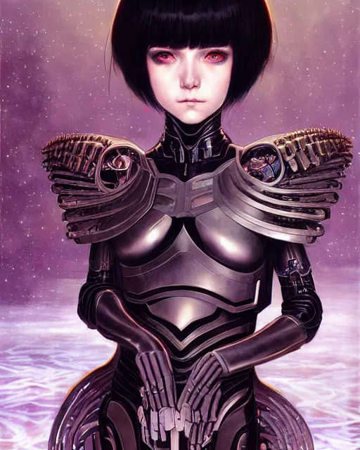 Image similar to portrait of beautiful cute young maiden goth cyborg girl with short white hairs in warhammer armor, art by ( ( ( kuvshinov ilya ) ) ) and wayne barlowe and gustav klimt and artgerm and wlop