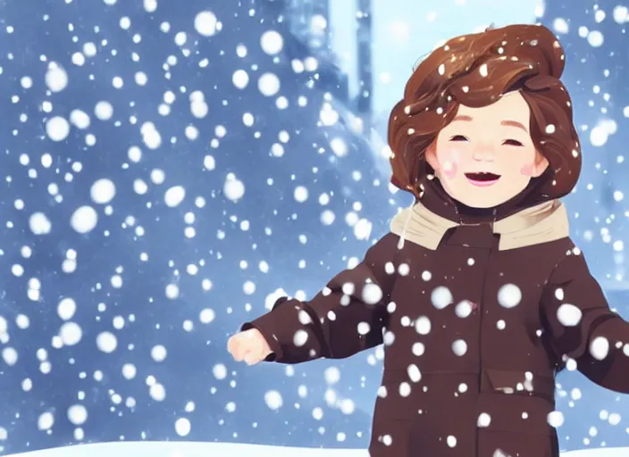 Image similar to little girl with short wavy curly light brown hair catching snowflakes in the snow. clean cel shaded vector art. shutterstock. behance hd by lois van baarle, artgerm, helen huang, by makoto shinkai and ilya kuvshinov, rossdraws, illustration, art by ilya kuvshinov