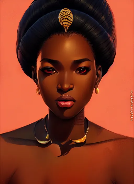 Image similar to a comic portrait of an african goddess, fine - face, realistic shaded perfect face, fine details. night setting. very anime style. realistic shaded lighting poster by ilya kuvshinov katsuhiro, magali villeneuve, artgerm, jeremy lipkin and michael garmash, rob rey and kentaro miura style, trending on art station