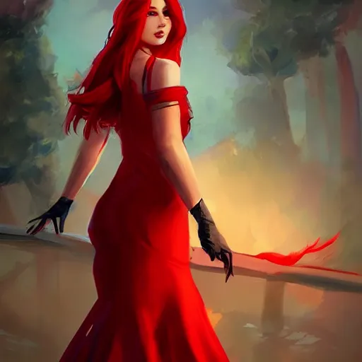 Image similar to a beautiful artwork of a woman with red dress and red hair by riot games, featured on artstation