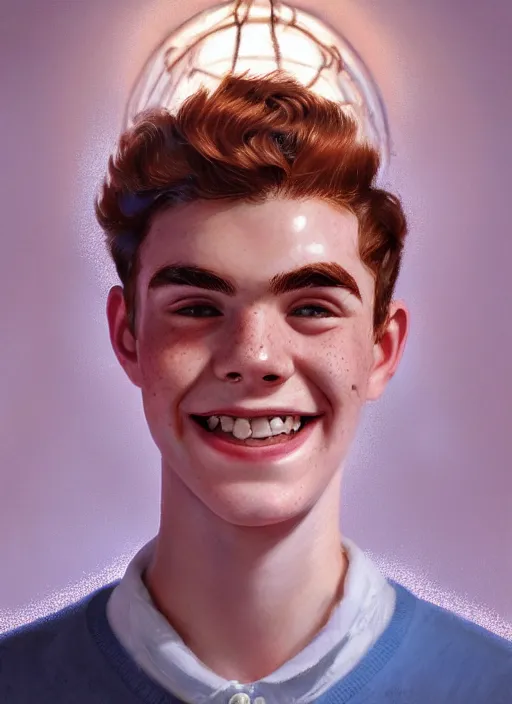 Image similar to portrait of teenage archie andrews, freckles, curly middle part haircut, curly hair, smiling kindly, friendly, 1 9 5 0 s, intricate, elegant, glowing lights, highly detailed, digital painting, artstation, concept art, smooth, sharp focus, illustration, art by wlop, mars ravelo and greg rutkowski