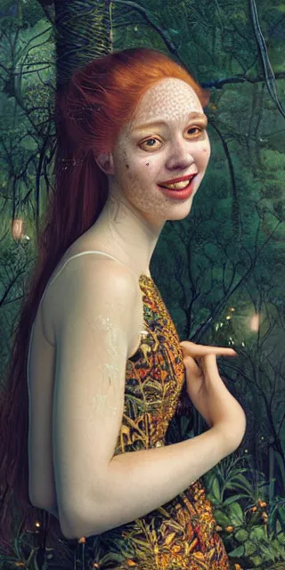 Image similar to adorable woman, serene smile surrounded by golden firefly lights, amidst nature fully covered by a intricate detailed dress, long red hair, precise linework, accurate green eyes, small nose with freckles, smooth oval shape face, empathic, expressive emotions, nocturnal spiritual scene, hyper realistic ultrafine art by artemisia gentileschi, jessica rossier, boris vallejo