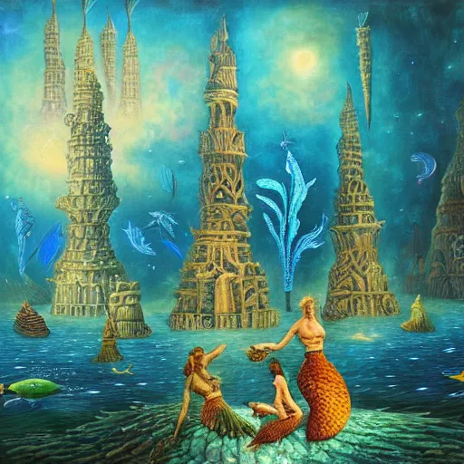 Image similar to highly detailed pleadian towers and worlds with mermaids swimming in the deep with blue hue oil painting