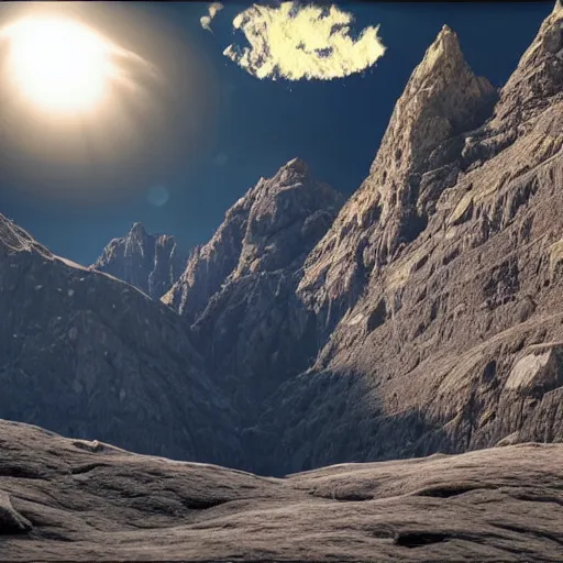 Image similar to dark solar eclipse, small in size, rocky mountains, highly detailed, photorealistic shot, bright studio setting, studio lighting, crisp quality and light reflections, unreal engine 5 quality render