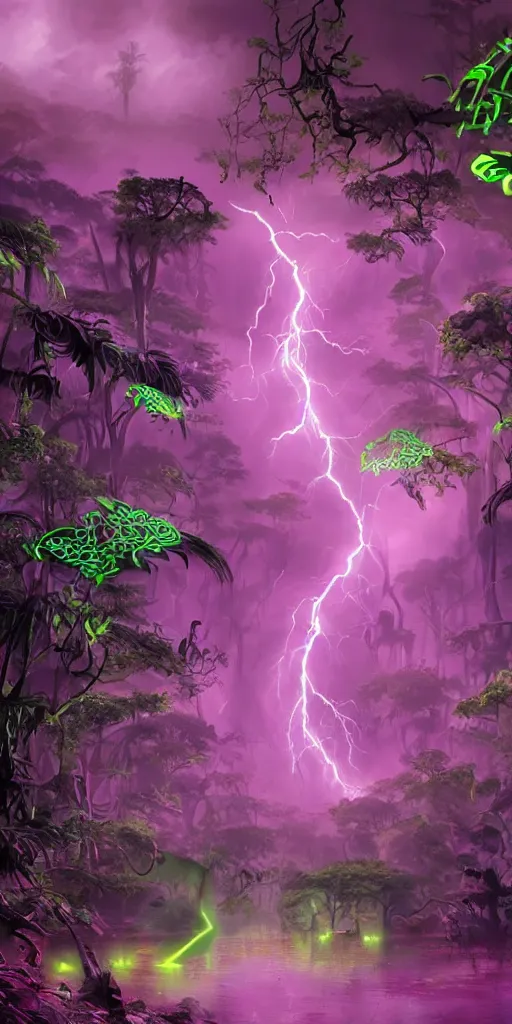 Prompt: Magic jungle, digital graffiti landscape, detailed, sci-fi fantasy, surreal, dark green, black, purple, fuchsia, dark mood, creepy lightning, deep shadows HD, 4K, cgsociety