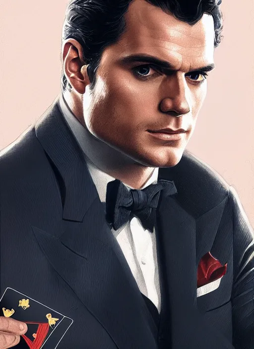 Image similar to portrait of henry cavill as james bond, casino, falling poker cards, key art, highly detailed, digital painting, artstation, concept art, cinematic lighting, sharp focus, illustration, art by artgerm and greg rutkowski and alphonse mucha