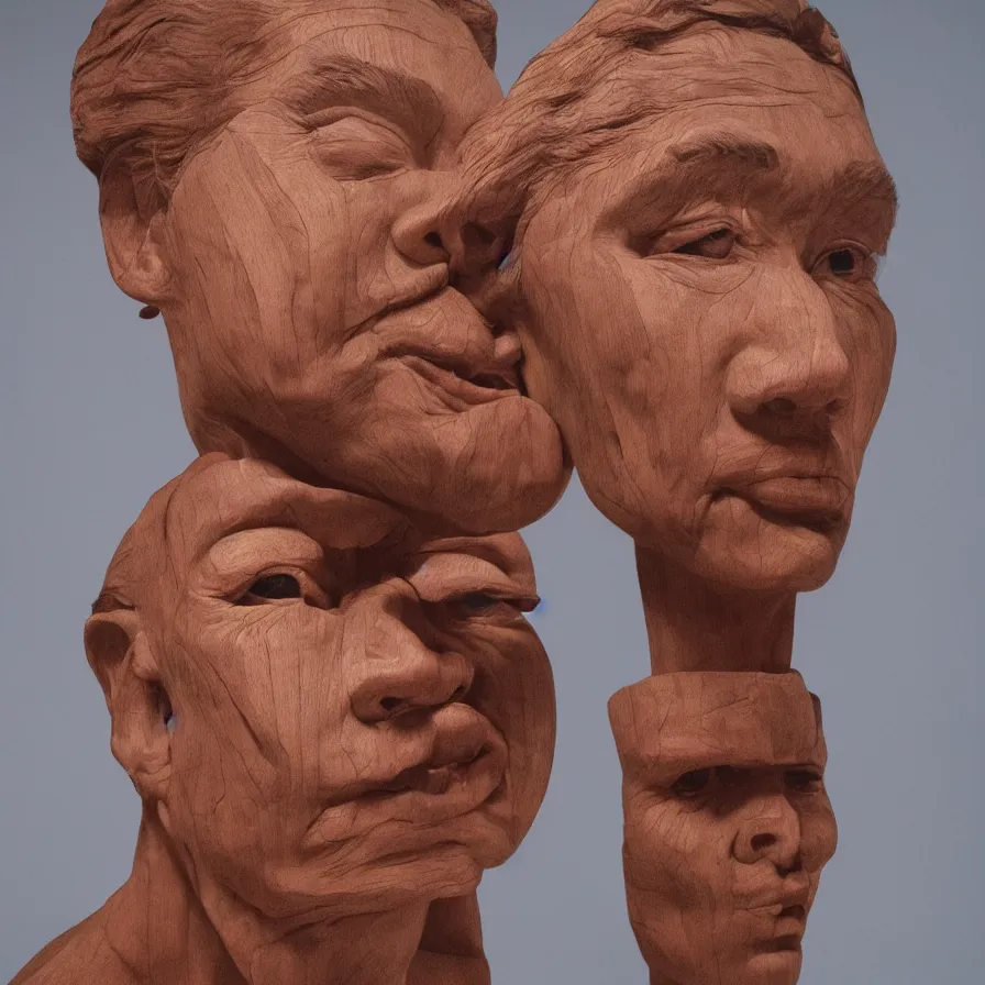 Image similar to realistic monumental sculpture portrait of a powerful stern woman, beautiful symmetrical face realistic proportions, carved out of a red oak wood on a pedestal by stephan balkenhol and duane hanson and martin puryear, hyperrealistic dramatic colored lighting trending on artstation 8 k