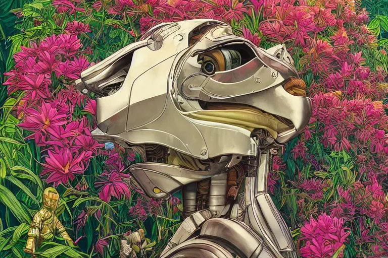 Prompt: gigantic robot head, a lot of exotic vegetation, trees, flowers by moebius, junji ito, tristan eaton, victo ngai, artgerm, rhads, ross draws, hyperrealism, intricate detailed