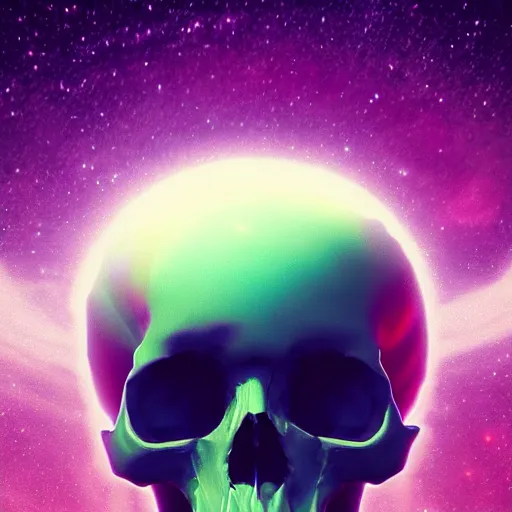 Image similar to planet shaped like a skull, colorful, glow, energy, galaxy, ethereal, cinematic, epic, 8k, ultra detailed, Artstation, Trending on Artstation, Artstation HQ, Artstation HD, deviant art, Pinterest, digital art,