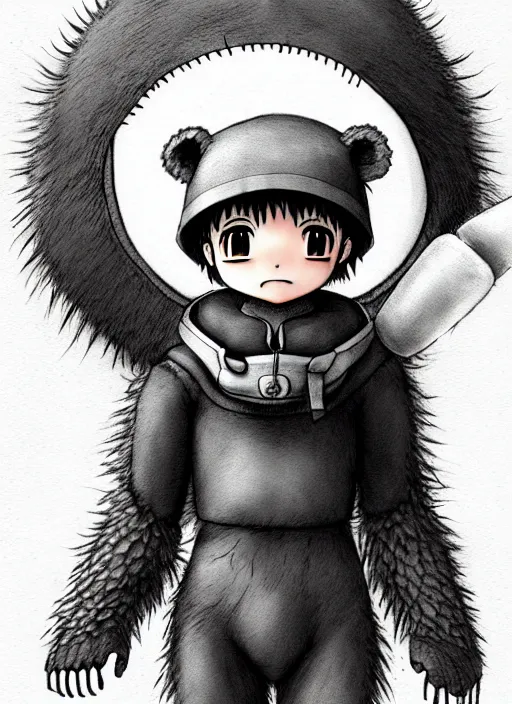 Image similar to beautiful little boy wearing an cyborg bear suit, artwork in kentaro miura and made in abyss and rosdraws, smooth, beautiful lightness, anatomically correct, trending on pixiv, forest