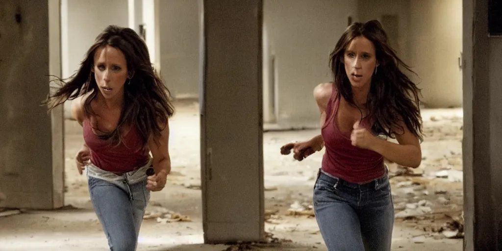 Prompt: Jennifer Love Hewitt running away from a serial killer in a dark abandoned school