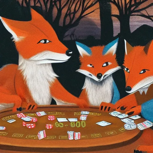 Prompt: a gang of foxes playing poker at night
