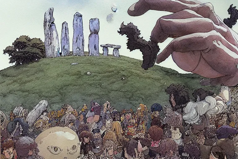 Image similar to a hyperrealist studio ghibli watercolor fantasy concept art. a giant hand is coming down from the sky holding a stone above stonehenge. by rebecca guay, michael kaluta, charles vess