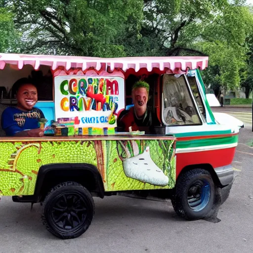 Image similar to crocodile man driving an ice cream cart