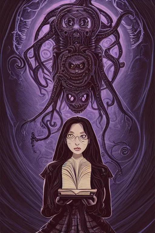 Image similar to ai illustration of romantic girl, her cat and her book of necronomicon, symmetrical, cinematic, sharp focus, 4 k, ultra hd, sense of awe, sinister demonic atmosphere, dreadful, forbidden knowledge, old gods, cthulhu, yog - sothoth! yah, yah, yah! cultist journal cover