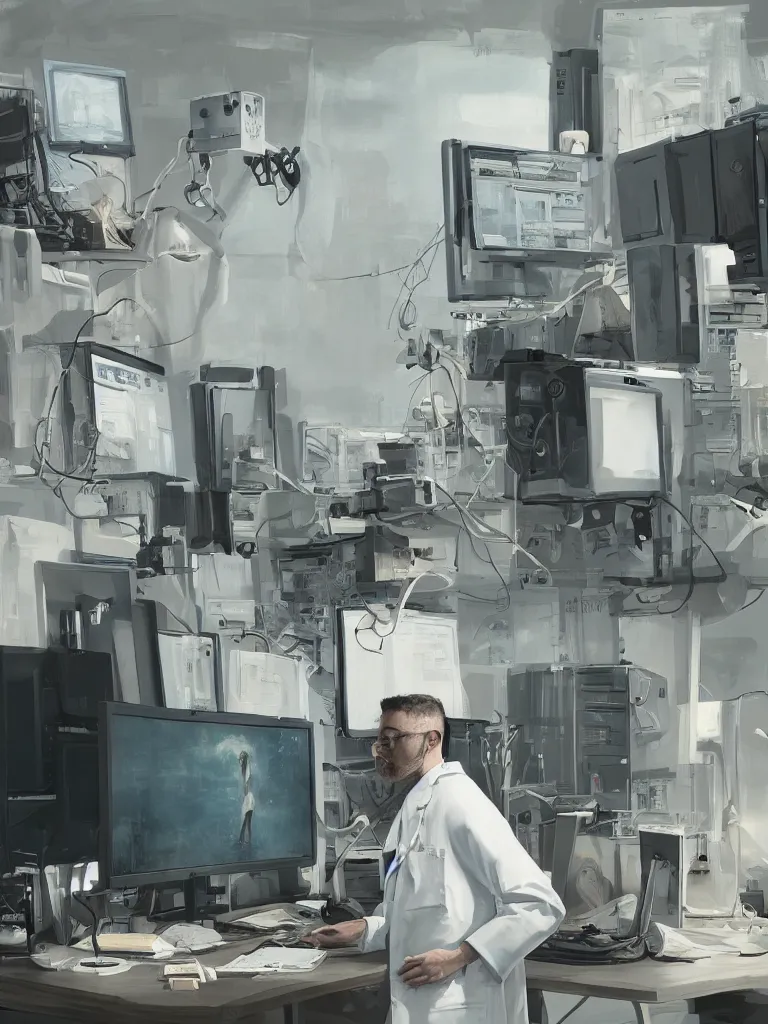 Prompt: a portrait of a researcher in a white coat in front of many computer and screens in a painting from stalenhag, 4 k, 8 k, hdr, artstation